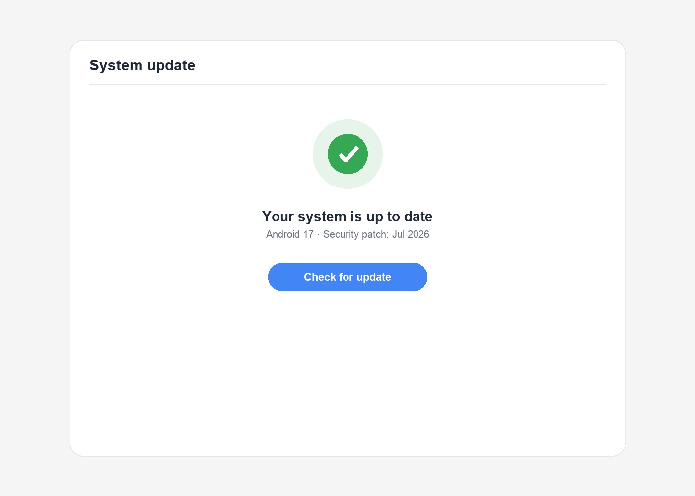 Android 17 system update screen with Check for update button for the widget bug fix