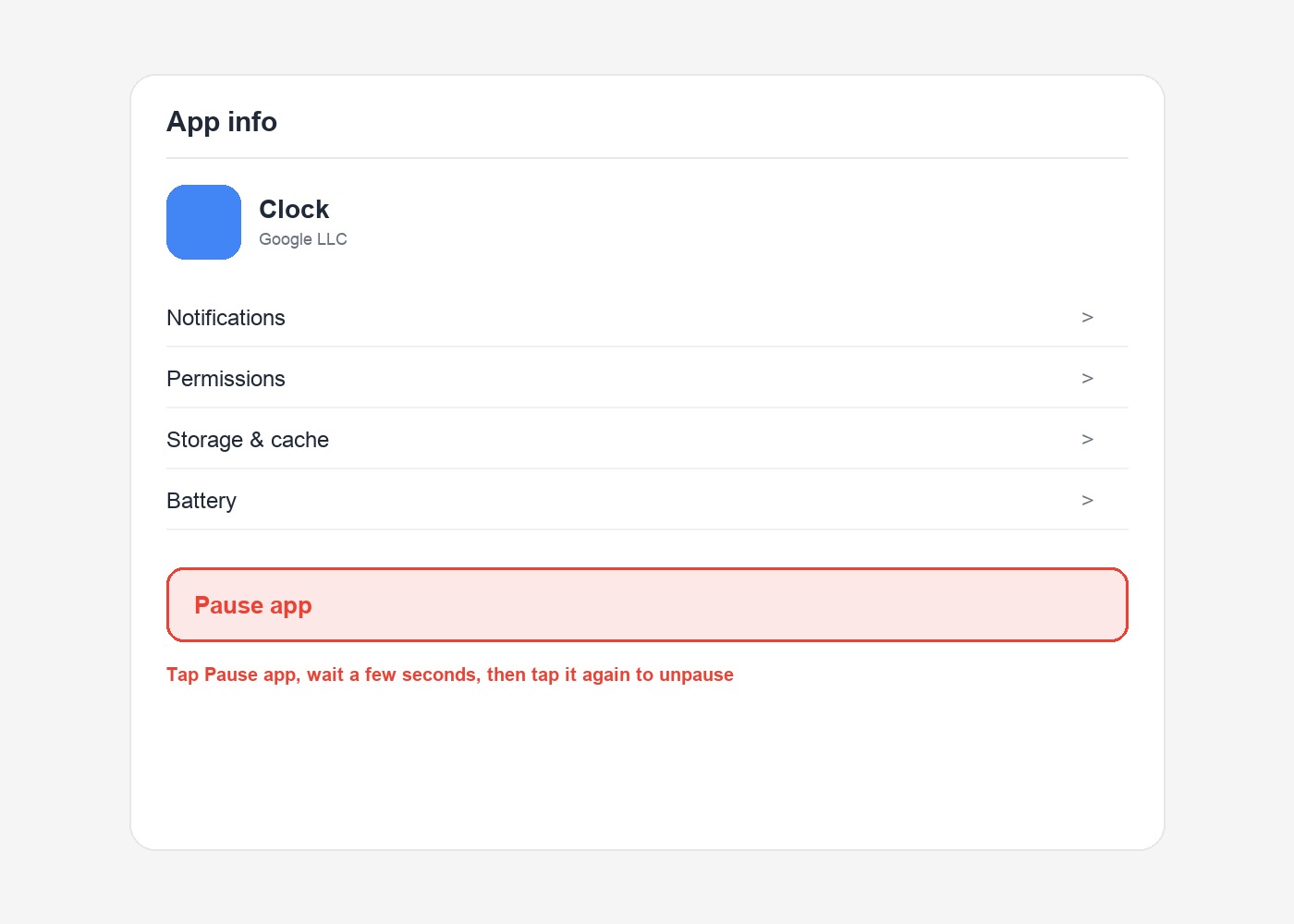 Android app info settings screen showing the Pause app option highlighted to fix a missing widget