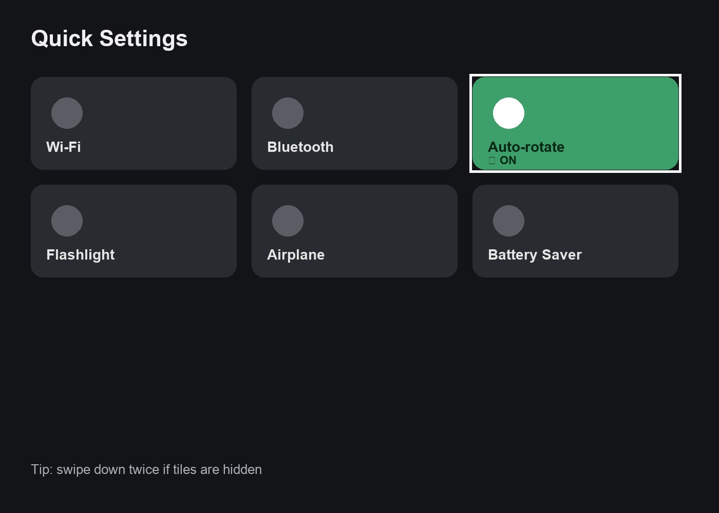 Android Quick Settings panel with the Auto-rotate tile highlighted in green
