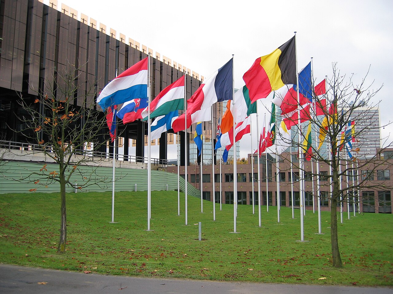Flags outside a European Union court building in Luxembourg