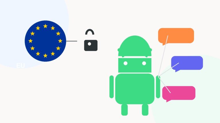 EU flag circle and Android robot mascot with an open padlock icon, symbolizing Google opening Android to rival AI assistants