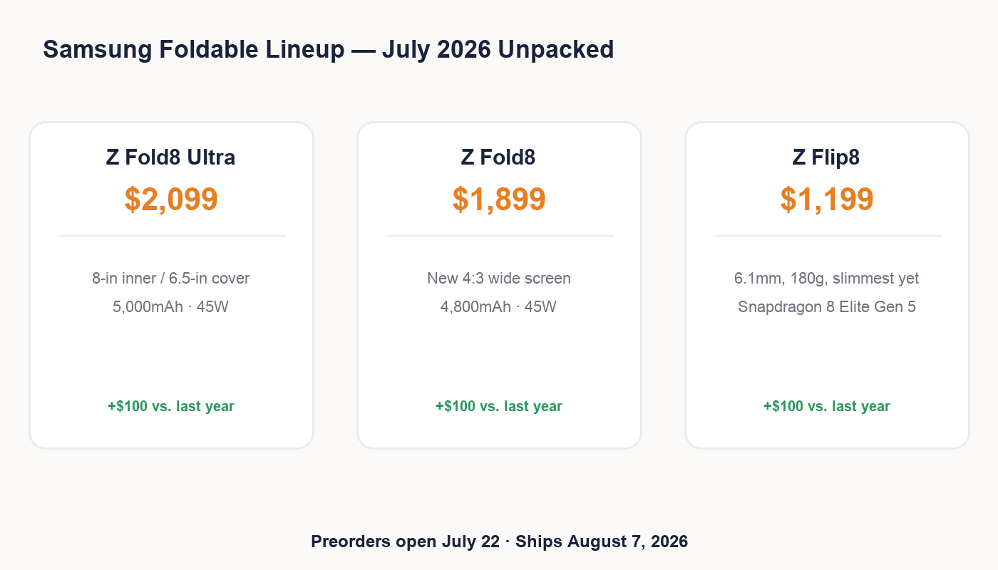 Galaxy Z Fold8 Ultra, Z Fold8, and Z Flip8 price and spec comparison card