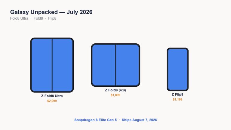 Samsung Galaxy Z Fold8 Ultra, Z Fold8, and Z Flip8 foldable phones with 2026 launch prices