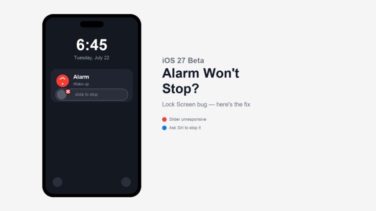 iPhone Lock Screen showing a ringing alarm with an unresponsive slide to stop control, the iOS 27 beta alarm bug