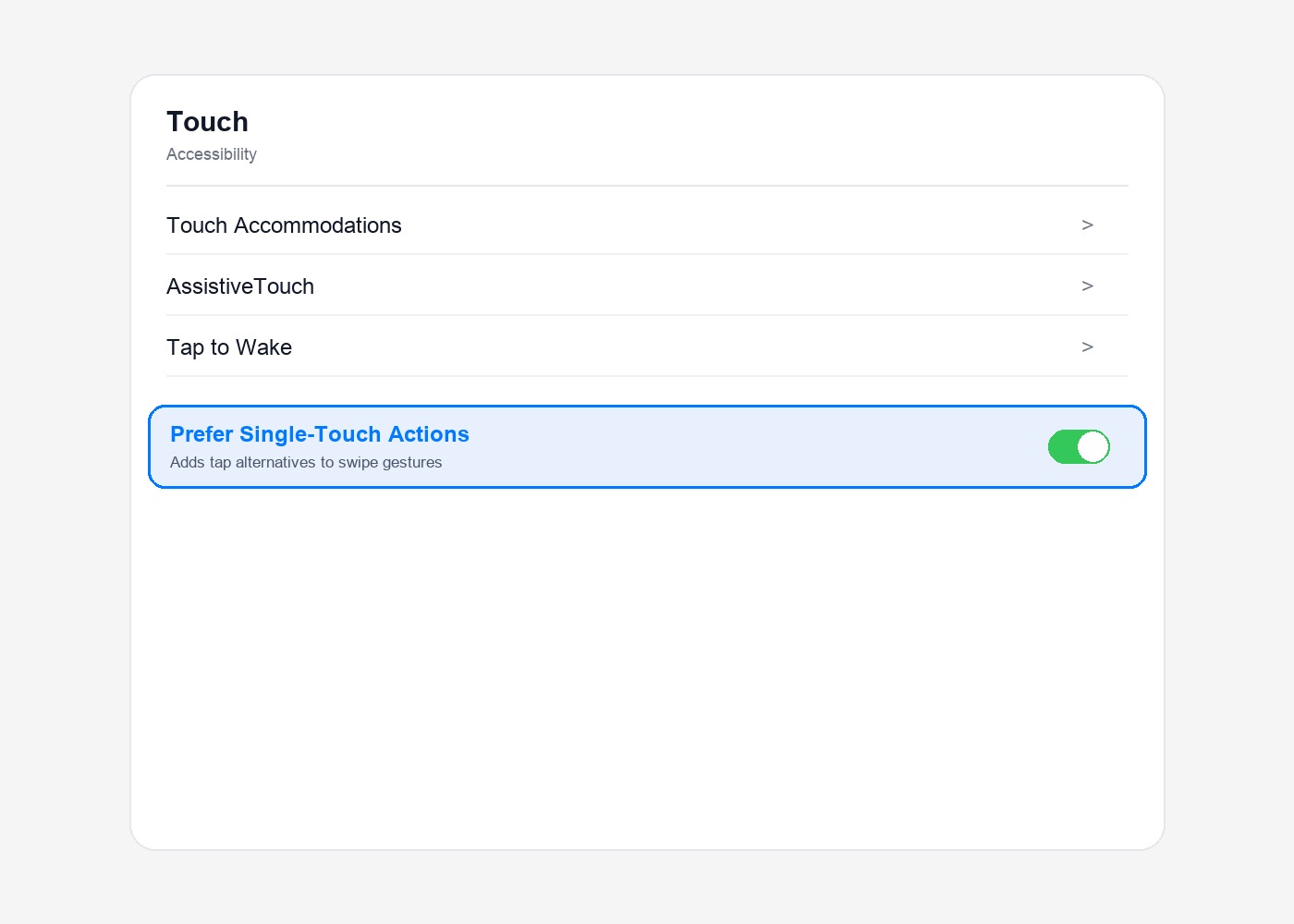 iPhone Accessibility settings showing the Prefer Single-Touch Actions toggle for easier alarm dismissal
