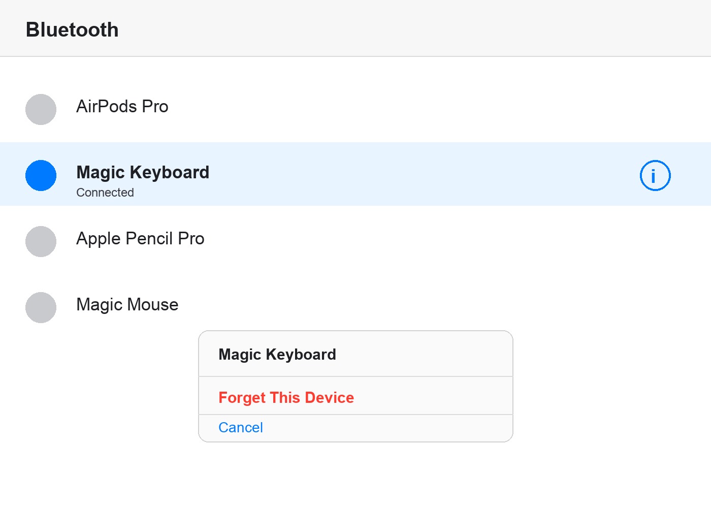 iPad Bluetooth settings screen showing the Forget This Device option for a Magic Keyboard