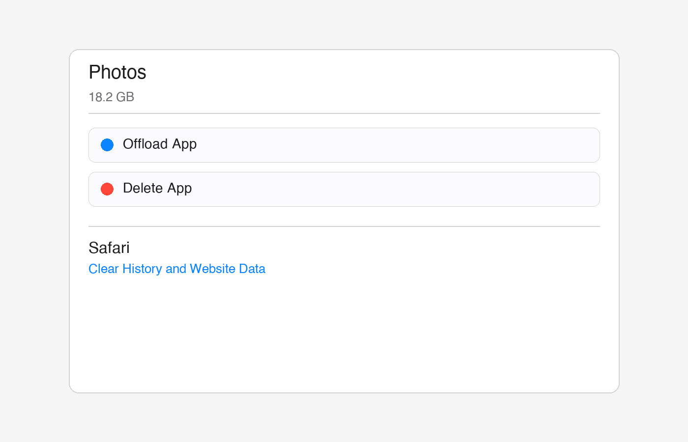 iPad Storage app detail screen showing the Offload App and Delete App buttons plus Safari Clear History and Website Data option