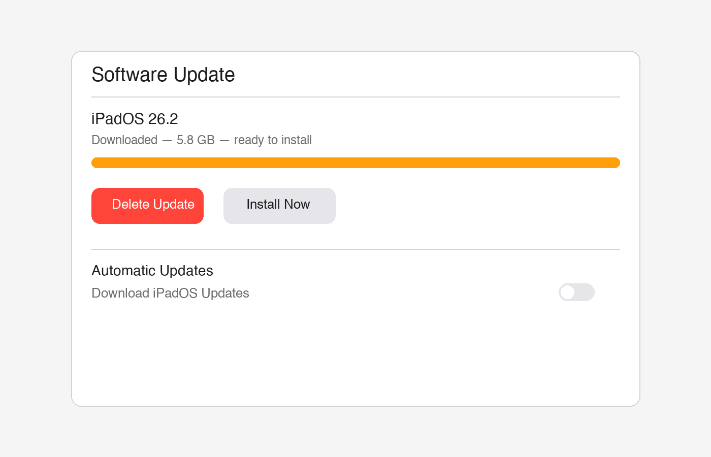 iPadOS 26 Software Update screen showing a downloaded update ready to install with a Delete Update button and Automatic Updates toggle