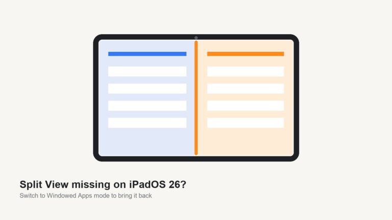 iPad screen split into two app windows with an orange divider, illustrating Split View multitasking on iPadOS 26