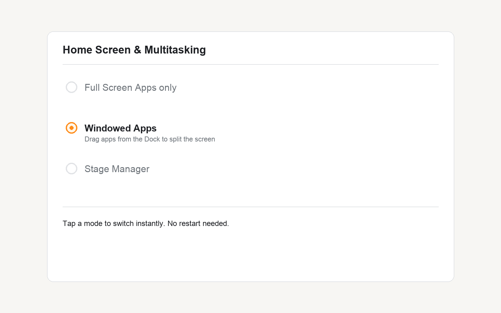 iPadOS 26 multitasking settings showing Windowed Apps mode selected over Full Screen Apps only