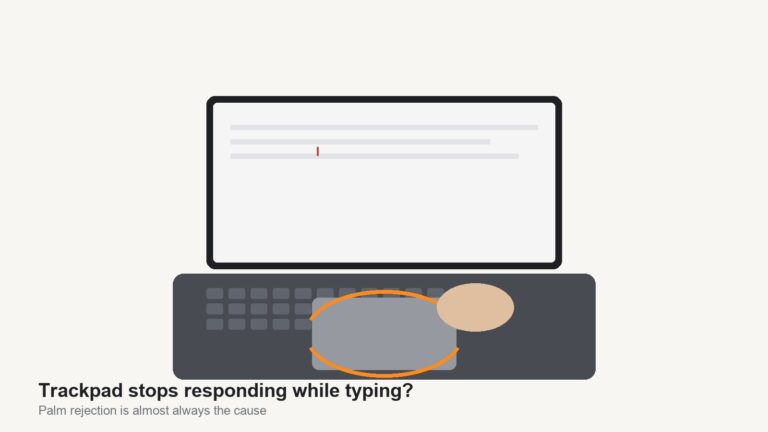 Laptop trackpad highlighted with a frozen cursor icon, showing palm rejection causing the trackpad to stop responding while typing