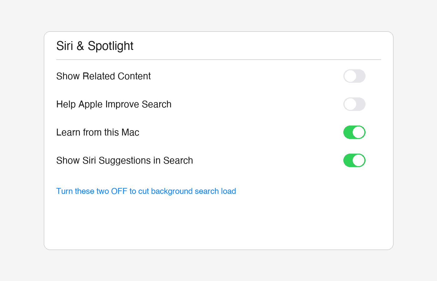 macOS Tahoe Siri & Spotlight settings panel showing Show Related Content and Help Apple Improve Search switched off