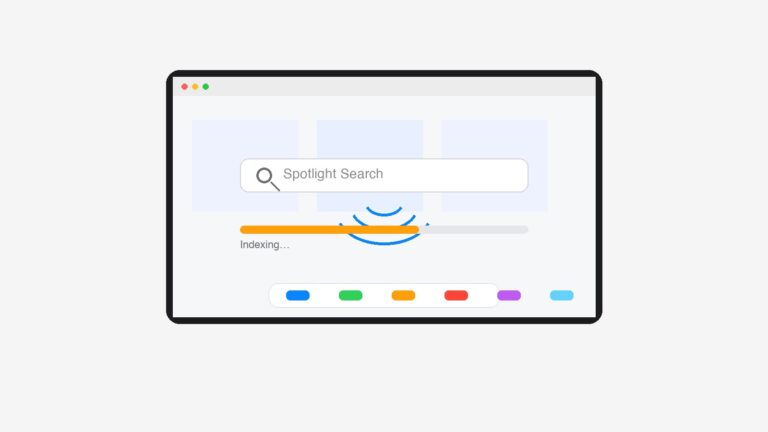 macOS Tahoe Spotlight search bar with an indexing progress bar, showing the search feature working through a background index rebuild