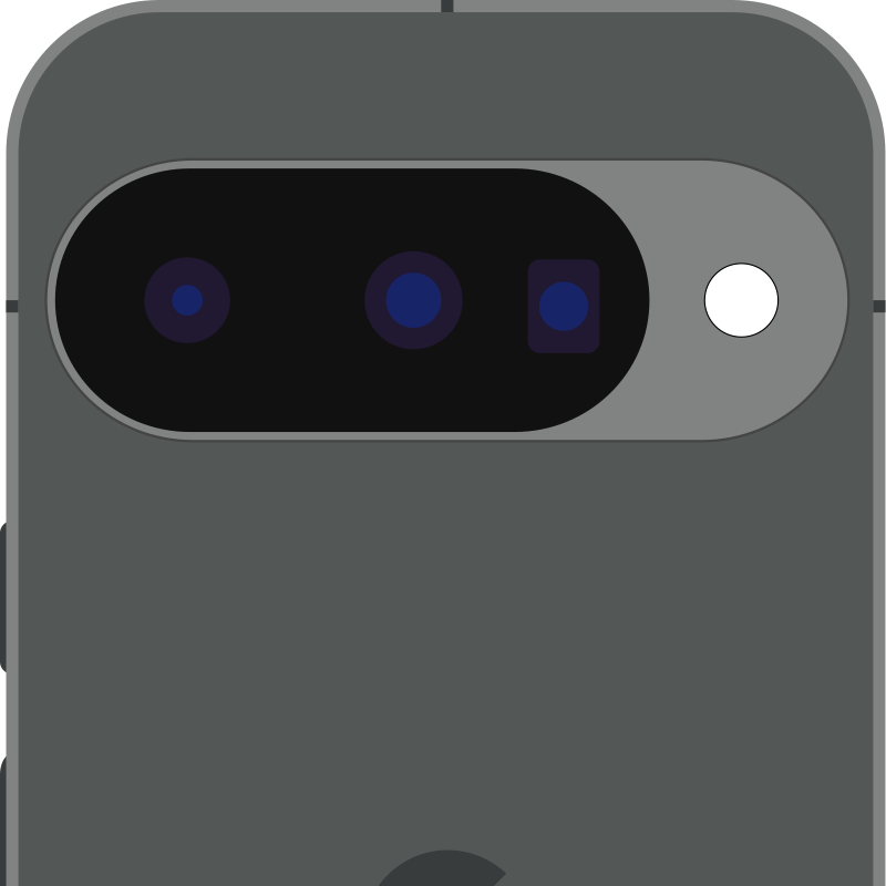 Close-up render of a Pixel phone's camera bar showing the round flashlight spot where Pixel Glow sits