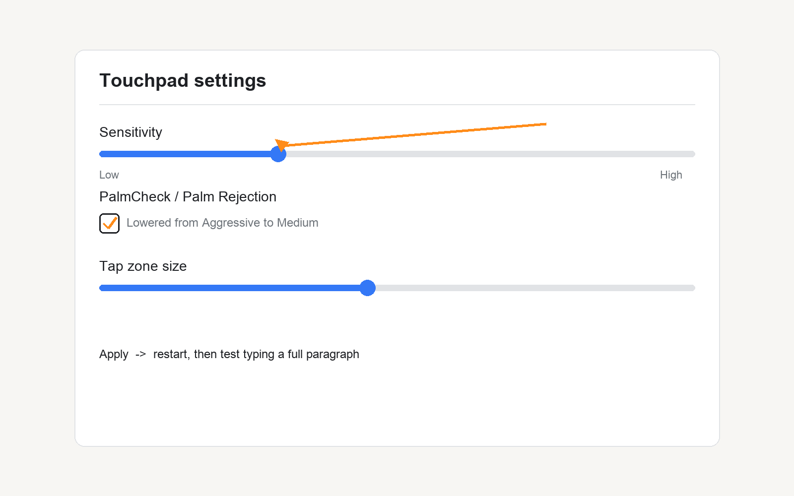 Touchpad sensitivity and PalmCheck settings being lowered from aggressive to medium